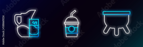 Set line Udder, Milk jug or pitcher and glass and Milkshake icon. Glowing neon. Vector