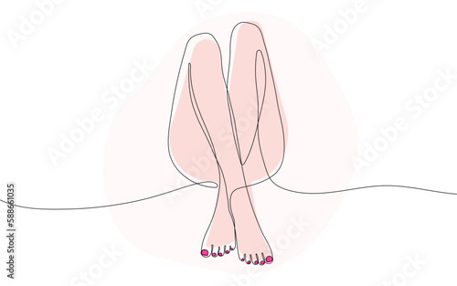 Female legs with red nails. Continuous line drawing of naked women legs. Minimalist black linear sketch isolated on white background. 
