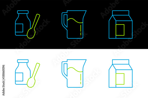 Set line Paper package for milk, Drinking yogurt in bottle and Milk jug pitcher icon. Vector