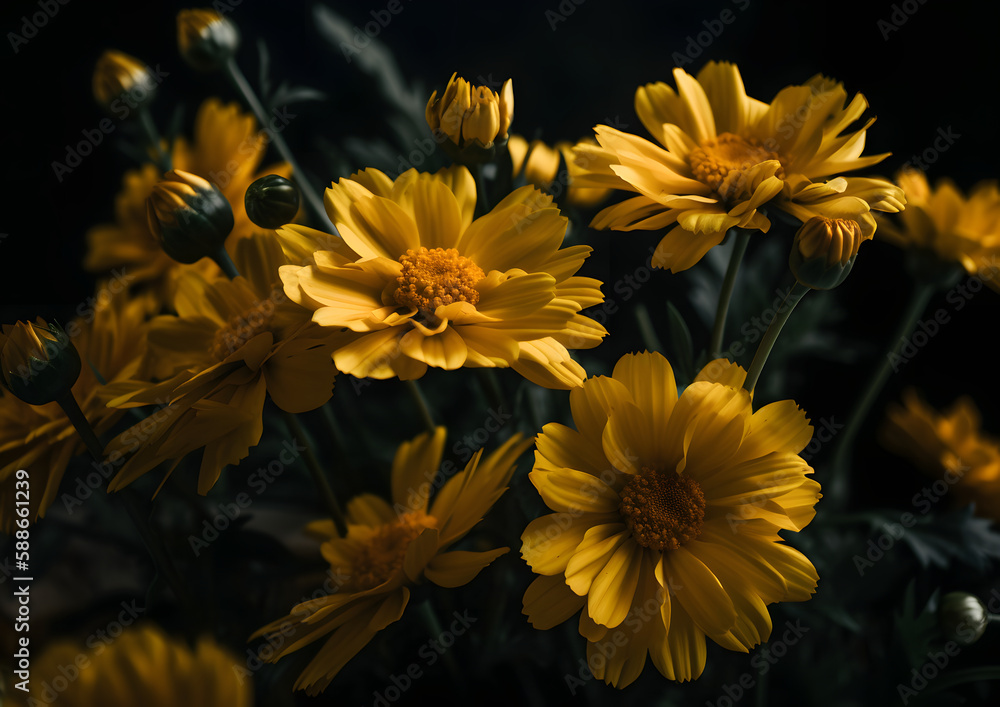 Yellow Petaled Flowers on dark, Yellow flowers alone in dark tones representing sadness. This flower grows in regions close to the sea Yellow Petaled Flowers on dark, Yellow flowers alone in dark tones representing sadness. This flower grows in regions close to the sea
