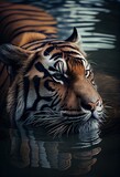 Tiger lying in a pool of water, cooling off on a hot day, generative ai