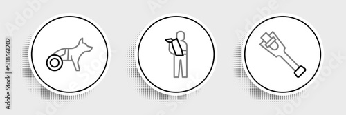 Set line Prosthesis leg, Dog in wheelchair and Human broken arm icon. Vector