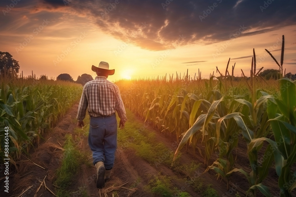 Fototapeta premium Vack view farmer going on the corn field at sunset wide angle. Ai generated