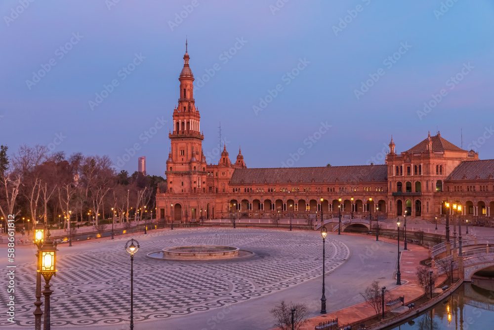 Plaza de España is a square located in Seville, Spain and was built for the Iberian-American Expo, and it has an important place in Spanish architecture, with both Mughal and Renaissance influences