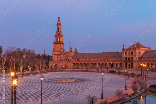 Plaza de España is a square located in Seville, Spain and was built for the Iberian-American Expo, and it has an important place in Spanish architecture, with both Mughal and Renaissance influences
