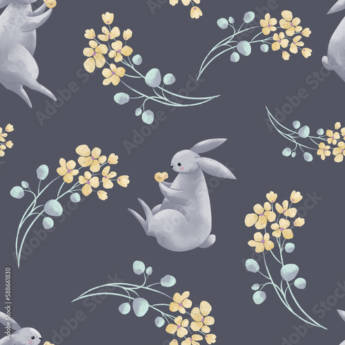 Seamless pattern with cute bunny, chickens and yellow flowers in hand draw style on a gray background. Easter design. Children illustration.