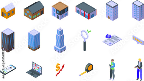 Real property assessment icons set isometric vector. Tax house. Business investor