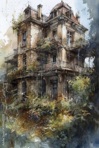 painting of a rustic old building, Generative AI