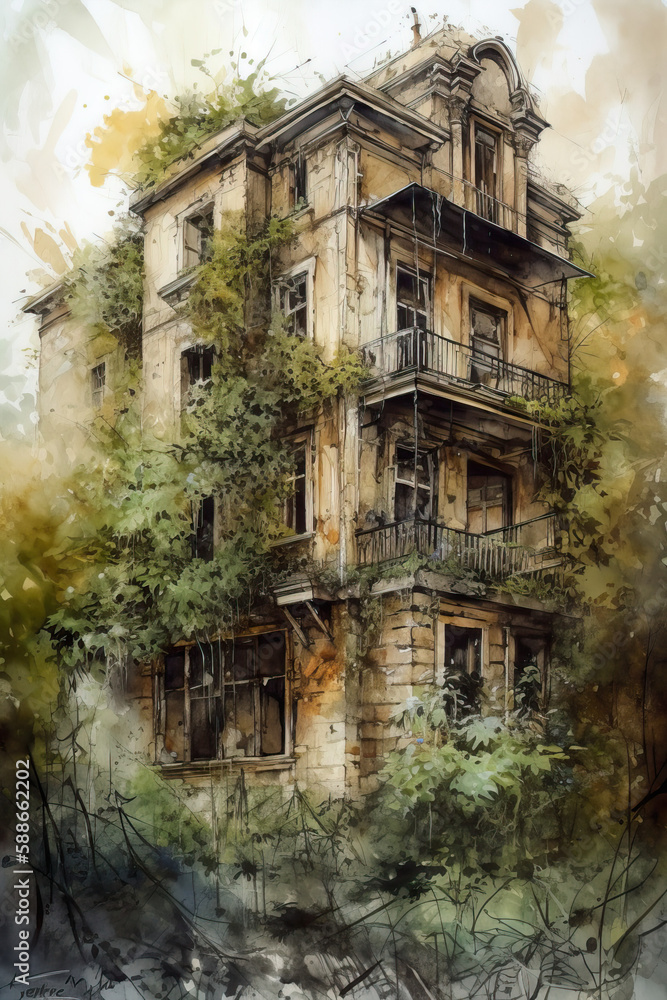 painting of a rustic old building, Generative AI painting of a rustic old building, Generative AI