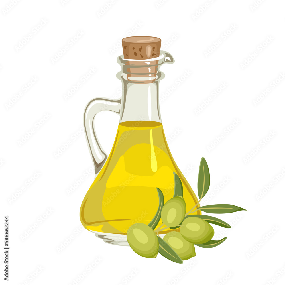 Olive oil in glass bottle isolated on white background. Vector cartoon illustration. Olive oil in glass bottle isolated on white background. Vector cartoon illustration.