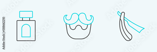 Set line Straight razor, Aftershave and Mustache and beard icon. Vector