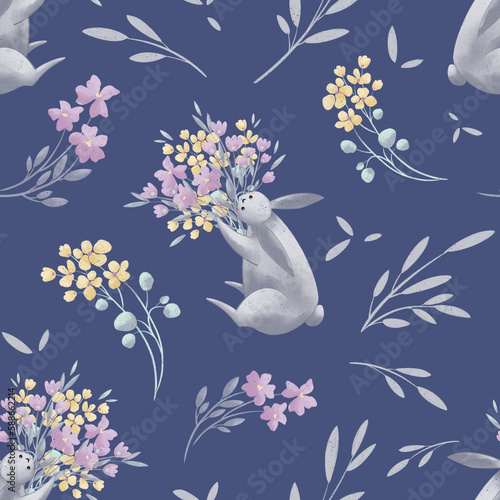 Seamless pattern with cute bunny and spring flowers in hand draw style on a blue background. Easter design. Children illustration.