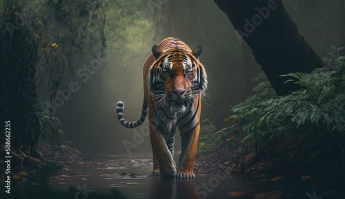 Majestic Tiger walking in the jungle, generative AI