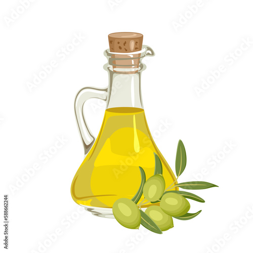 Olive oil in glass bottle isolated on white background. Vector cartoon illustration.