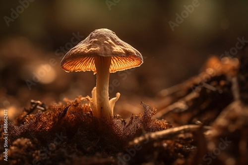 Chanterelle Mushroom Emerging from Soil, Fragile Cap in Focus, Rich Dark Soil, Generative AI