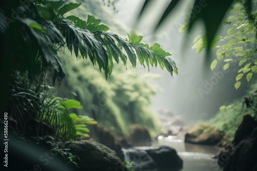 Closeup shot of jungle foliage, generative AI