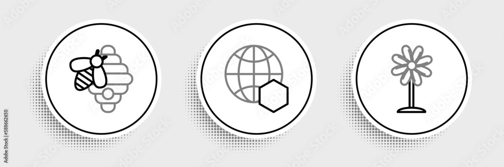 Set line Flower, Hive for bees and Honeycomb map of the world icon. Vector Set line Flower, Hive for bees and Honeycomb map of the world icon. Vector
