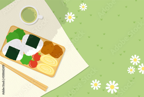 vector background with a Japanese bento box, a pair of chopsticks, a cup of tea and a lunch cloth on a green field for banners, cards, flyers, social media wallpapers, etc.