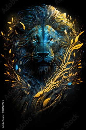 T-shirt design with lion portrait. Colorful print design of lion head in cartoon style on dark background. AI generated illustration