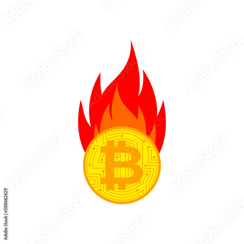 Bitcoin is on fire. Cryptocurrency burns. Vector illustration