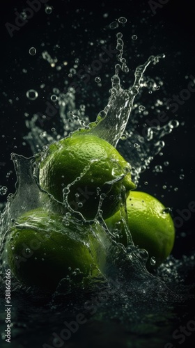 Refreshing Lime Splash in Motion on black background. Gen AI
