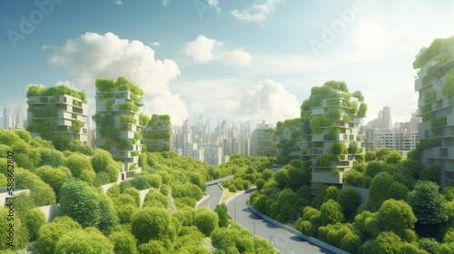 Spectacular eco-futuristic cityscape ESG concept full with greenery, skyscrapers, parks. Generative AI.