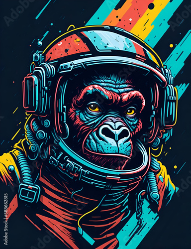 T-shirt design with monkey astronaut in an astronaut costume. Colorful print design of chimpanzee astronaut in cartoon style on dark background. AI generated illustration