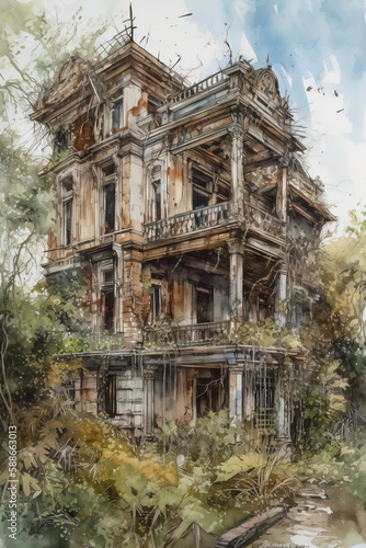 painting of a rustic old building, Generative AI © Fox