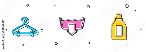 Set Hanger wardrobe, Washing modes and Bottle for cleaning agent icon. Vector