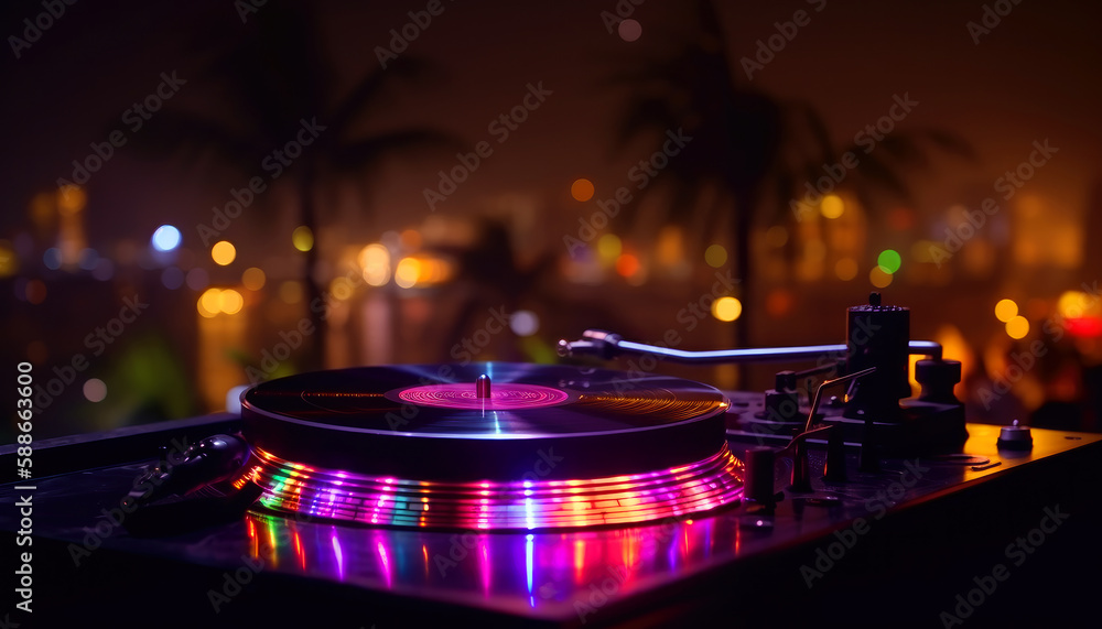 beautiful dj turntable on a background on tropical beach, Outdoor night beach music party. ai generative beautiful dj turntable on a background on tropical beach, Outdoor night beach music party. ai generative