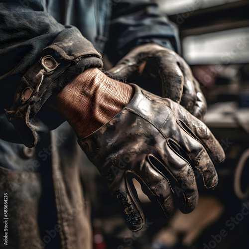 Hands of a working man putting on work gloves. Generative ai. © JMarques