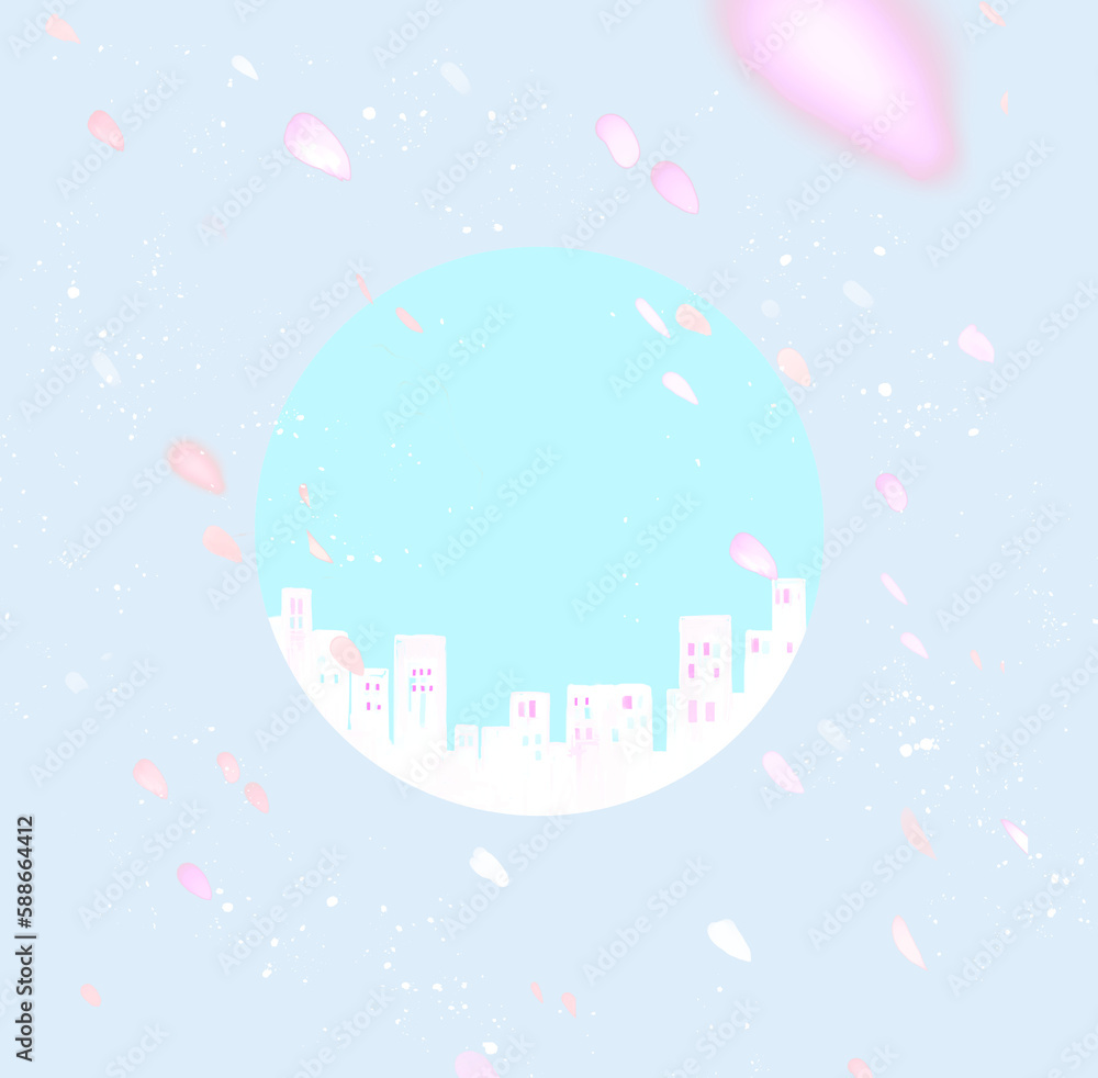 都市の街並みと舞う桜の背景 都市の街並みと舞う桜の背景