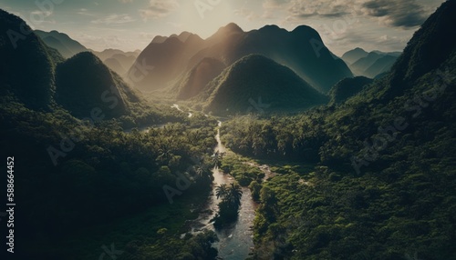 Drone shot of a jungle valley and a lake, generative AI