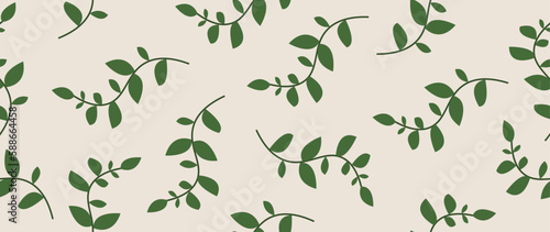 Vector flat background. Modern floral seamless print. Cute dark green leaves. Modern spring pattern. Perfect for screensaver  poster  card  invitation or home decor.