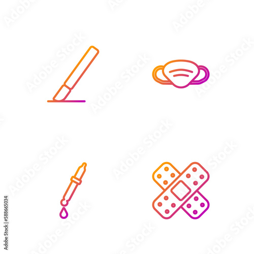 Set line Crossed bandage plaster, Pipette, Surgery scalpel and Medical protective mask. Gradient color icons. Vector
