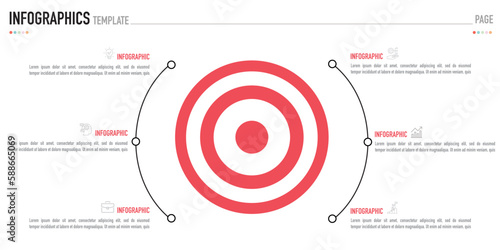 Mind map target infographic template or element with 6 step, option, process and red circular, ring on white background for business sale slide or presentation, modern, minimal, simple style, timeline