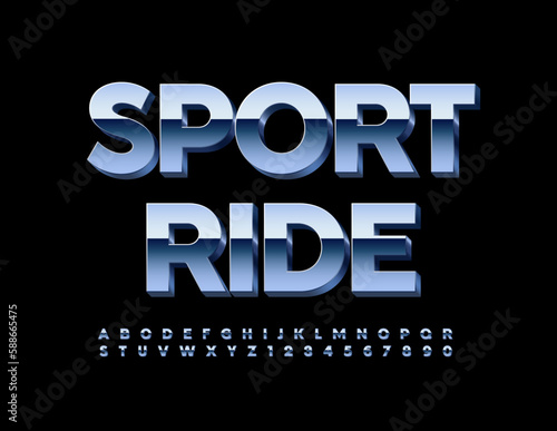 Vector steel sign Sport Ride. 3D metallic Alphabet Letters and Numbers set. modern Silver Font