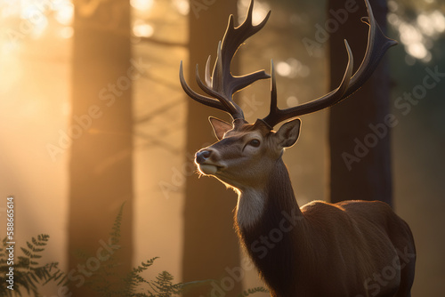 A majestic deer with antlers standing proudly in the forest at dawn. Created with Generative AI Technology © dewaai