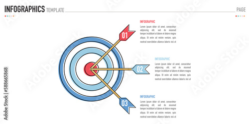 Infographic target and 3 arrows template or element including 3 step, process, option, colorful circular, circle, ring layer on white background for business, sale slide or presentation, modern style
