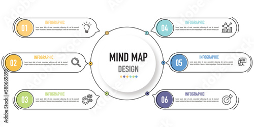 Mind map infographic business template or element as a vector including 6 step or process with colorful circle label and icons on white background for sale slide, presentation, minimal, modern style