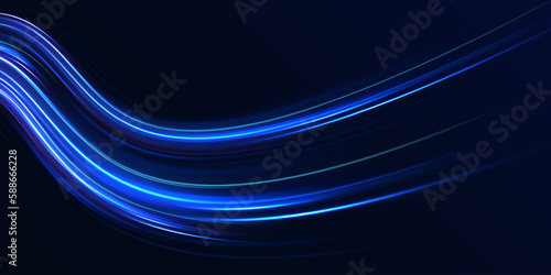 Blue wind waves effect. Abstract light motion trails with sparkles isolated on black background.