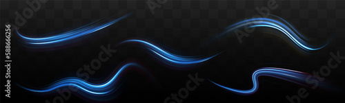 Light line neon swirl effect. Vector glitter light fire flare trace. Bokeh blue light glitter round wave line with sparkling particles. Magic sparkle swirl trail effect on transparent background