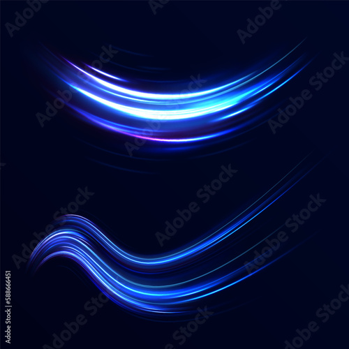 Blue glowing shiny lines effect vector background. Luminous white lines of speed. Light glowing effect. Light trail wave, fire path trace line and incandescence curve twirl. 