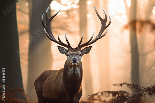 A majestic deer with antlers standing proudly in the forest at dawn. Created with Generative AI Technology © dewaai