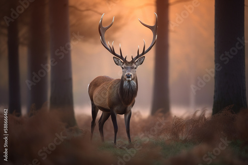 A majestic deer with antlers standing proudly in the forest at dawn. Created with Generative AI Technology © dewaai