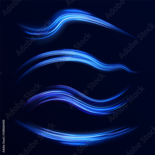 Blue glowing shiny lines effect vector background. Luminous white lines of speed. Light glowing effect. Light trail wave, fire path trace line and incandescence curve twirl. 