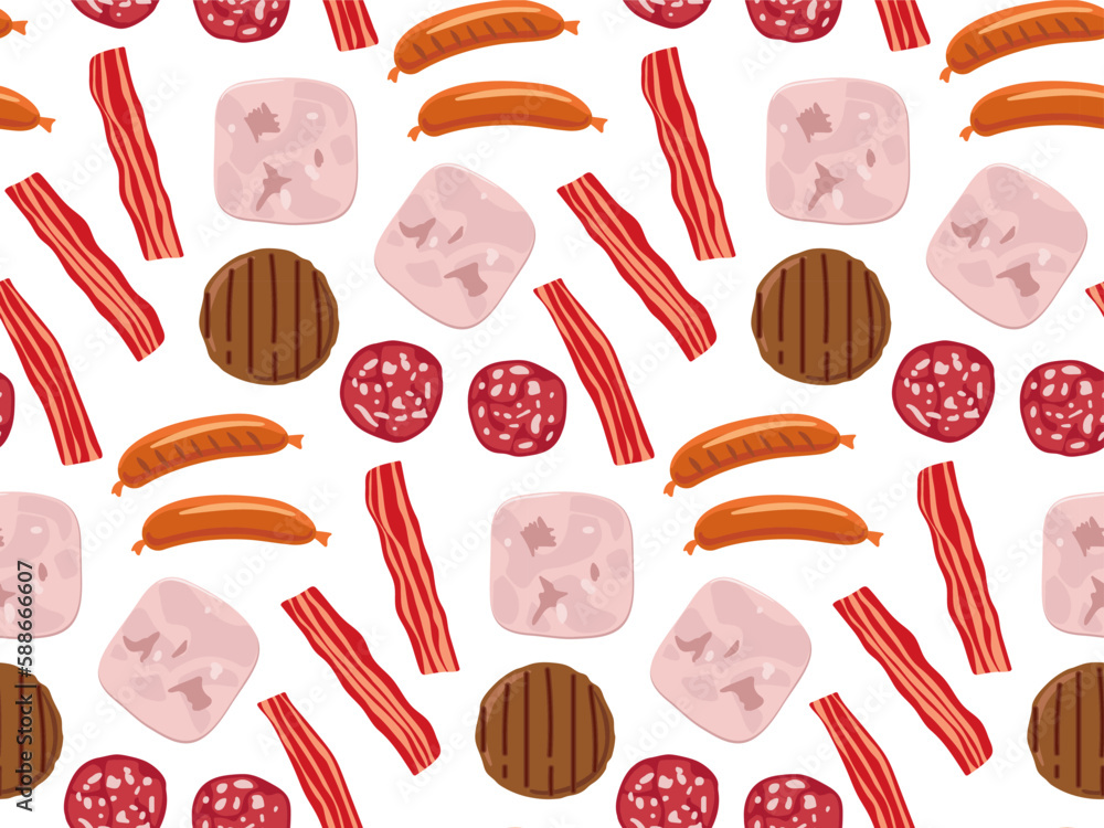 Meat product seamless pattern. Pieces of ham and sausages, cutlet, bacon. Vector flat food illustration. Repeated background for wallpaper, textile, wrapping, scrapbooking For cafe or restaurant menu. Meat product seamless pattern. Pieces of ham and sausages, cutlet, bacon. Vector flat food illustration. Repeated background for wallpaper, textile, wrapping, scrapbooking For cafe or restaurant menu.