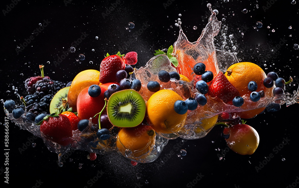 Dynamic splash of water with an array of fruits including apples, blueberries, and kiwi, set against a black background. Dynamic splash of water with an array of fruits including apples, blueberries, and kiwi, set against a black background.