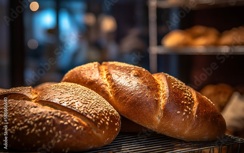 Crispy crust breads with a soft interior, cooling on metal racks in a dimly lit bakery setting.