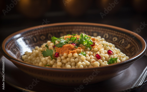 Traditional couscous meal with vibrant greens and pomegranate seeds, served on an intricately designed plate.